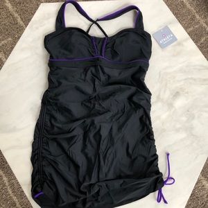 NWT Athleta 38B/C Black and Purple Swim Dress
